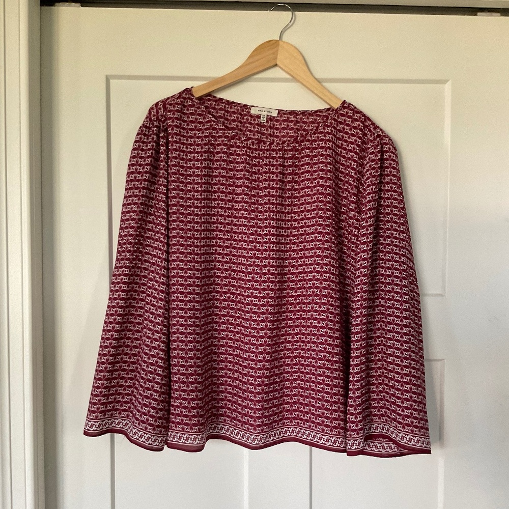 MAX STUDIO Red Hearts Peplum Pleated Bell Sleeve Chiffon Boho Blouse medium